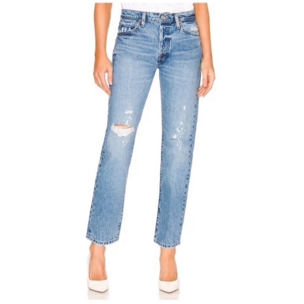 Frame Le Slouch Boyfriend Jean In BlueJay Rips Rigid Distressed Denim